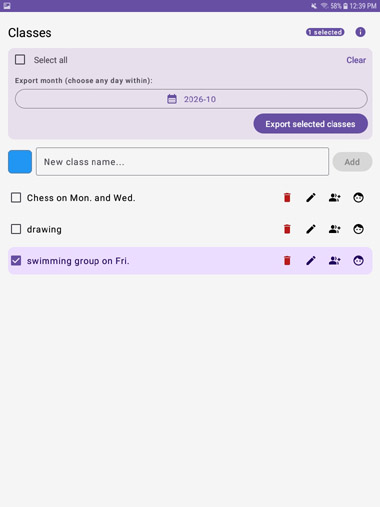 Classes screen